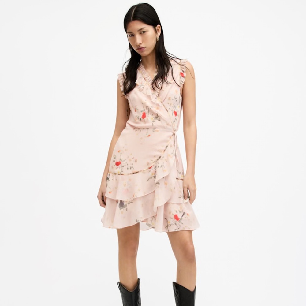 All Saints Floral Print Ruffle Mini Dress - Pink